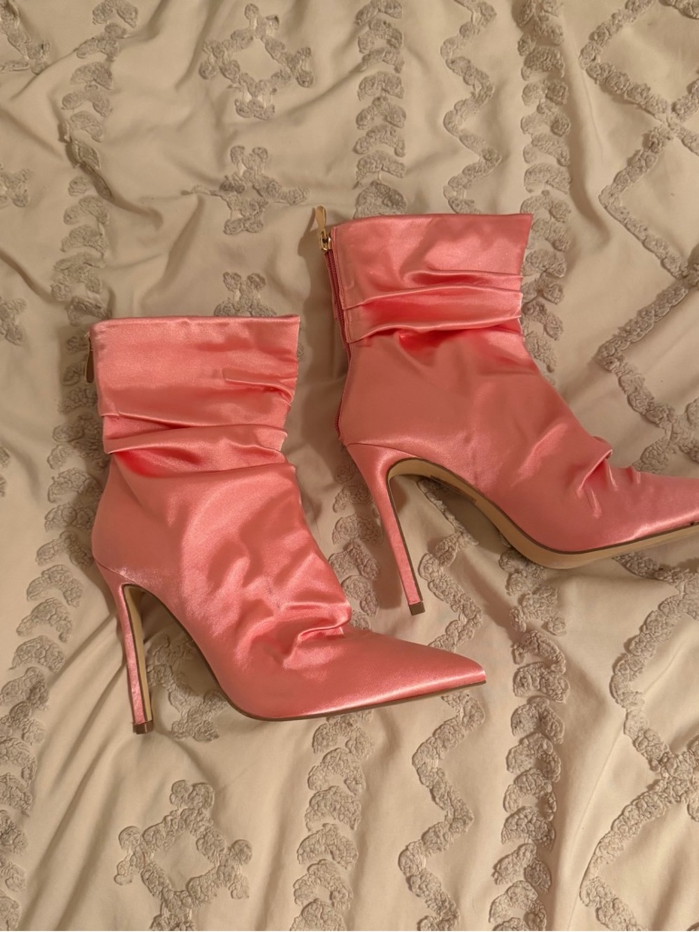 Fashion Nova Pink Satin Pointed Stiletto Ankle Boots
